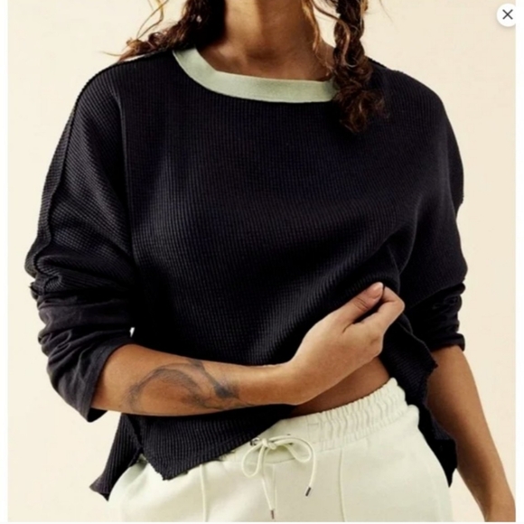 We The Free by Free People Jayson Ringer Thermal Top Oversized Black XS - Picture 2 of 7